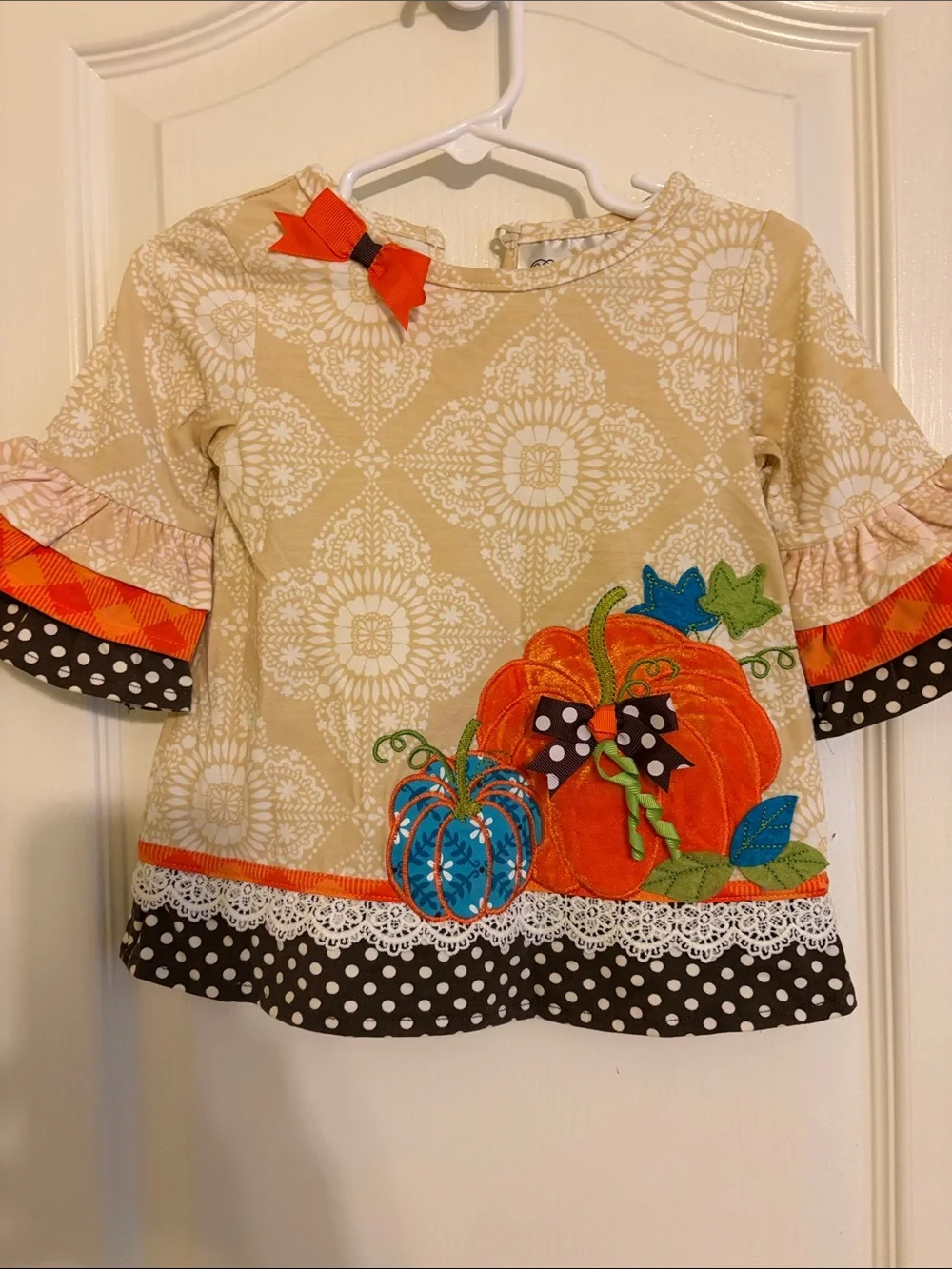 Rare Editions Cream and Orange Pumpkin Tunic with Plaid Leggings